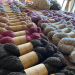 Skeins of multi-colored yarn lined up in rows