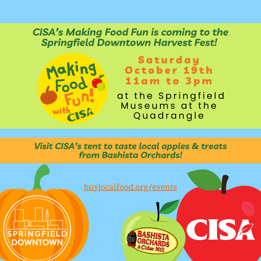 drawing of pumpkin with Springfield Business District logo, next to Apple with CISA logo and small apple with Bashista Orchards logo